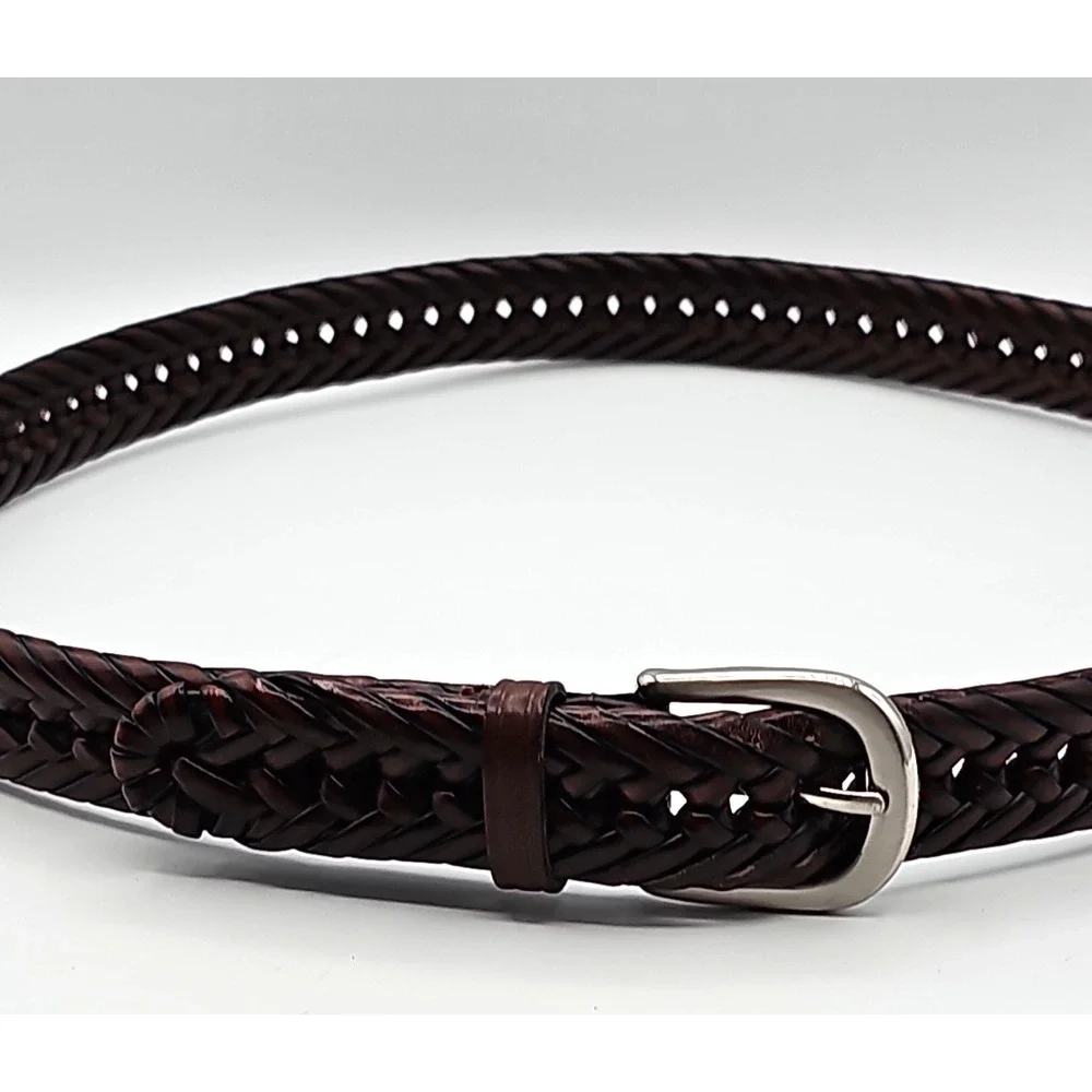 Braided Genuine Leather Belt Brown Silver Buckle Adjustable up 48